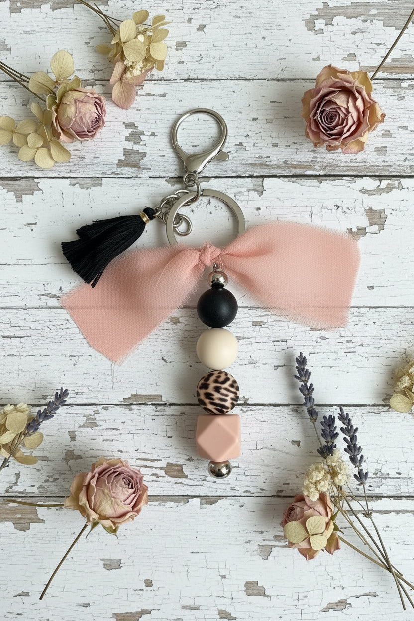 Pink Chiffon Ribbon with Leopard Sass Bag Charm